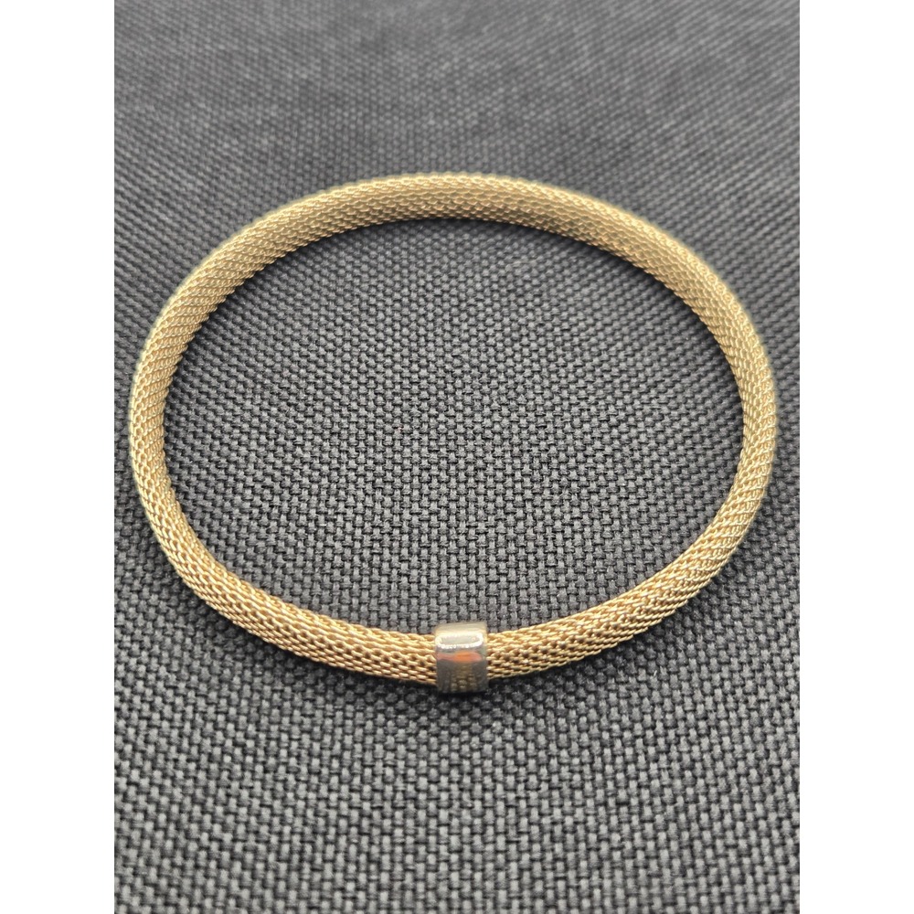 Ralph Lauren Gold Tone Mesh Bangle Bracelet Silver RL Logo Slider Bead 7.75"